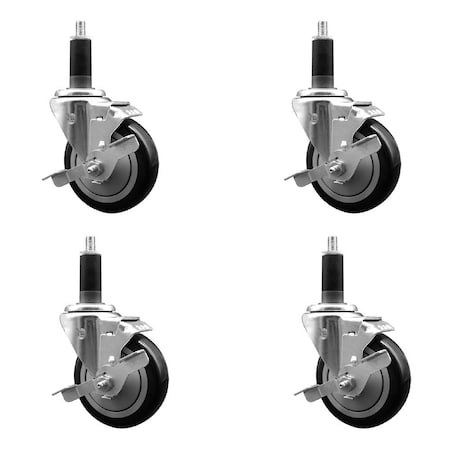 Service Caster 4'' Black Poly Swivel 1-1/8'' Expanding Stem Caster Set with Brake, 4PK SCC-EX20S414-PPUB-BLK-TLB-118-4